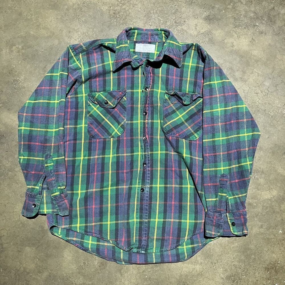 Vintage 70s VIP Green/Navy Plaid Cotton Flannel Shirt